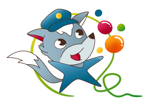 Cute cartoon wolf character wearing a blue cap with colorful bubbles - Vector illustration
