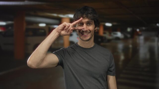 Man in grey shirt smiles and holds up peace sign with hand in dimly lit indoor parking building; peace harmony solidarity serenity positivity calm tranquility goodwill contentment joy.