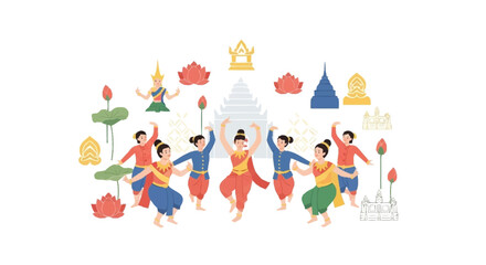 Obraz premium Thai dancers in traditional costumes surrounded by temples and lotus flowers cultural performance 1