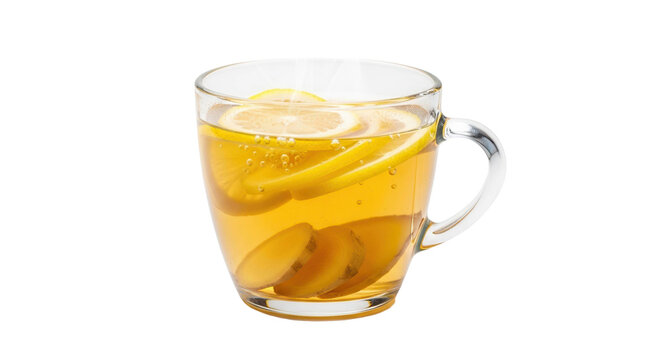 Refreshing hot ginger lemon tea drink in glass mug