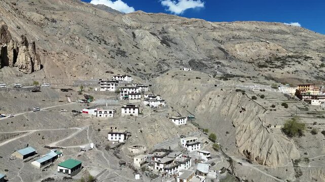 Aerial View of Dhankar Monastery on Cliff in Spiti Valley, India