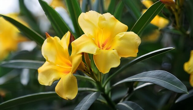 Vibrant Yellow Oleander Flowers Blooming In Lush Green Foliage