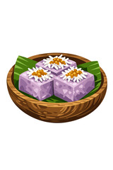 A classic steamed taro sweet, garnished with shredded coconut and palm sugar, served in a rustic wooden bowl&mdash;ideal for cultural food themes