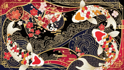 Fototapeta premium Elegant illustration of koi fish swimming amidst floral and ornamental designs