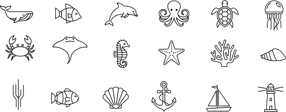 A collection of simple black and white line art icons depicting various marine animals and ocean-related objects