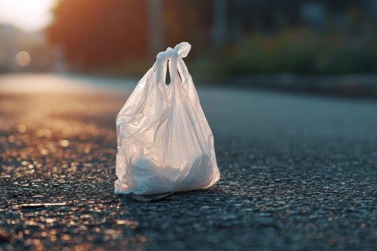 Plastic bag left on the street during sunset near a busy road with traffic and trees in the background