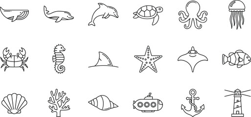 A collection of simple black and white line art icons featuring various sea creatures and nautical elements © Simu Store