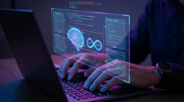 Developer Coding with Holographic Interface Featuring Python, Java, C++, HTML, and AI Icons Represents Software Engineering and DevOps