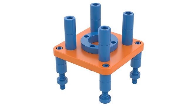 A colorful plastic construction toy with multiple cylindrical pegs and a square base