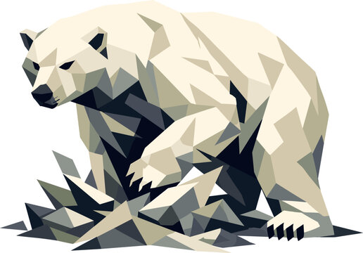 Low-poly vector illustration of a polar bear encountering resistance during the prowl, body twisting slightly as weight shifts,