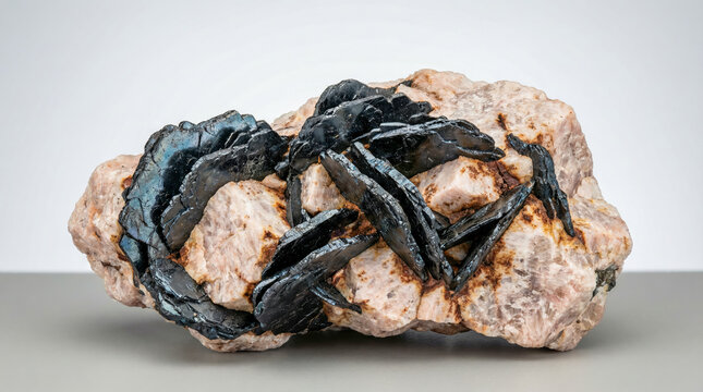 Large black tabular ilmenite crystals with metallic luster on pale pink feldspar matrix.