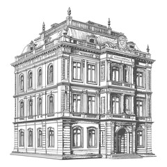 A detailed grayscale line art drawing depicting a stately building
