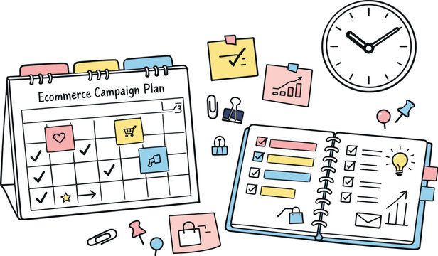 Desk calendar page, notebook, sticky notes and a wall clock, checkmarks and event blocks for Ecommerce campaign plan with tabs,