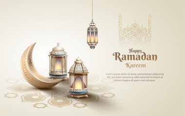 islamic greetings ramadan card design with silver crescent moon ornament and lantern decoration
