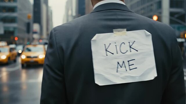 Man with Kick Me Sign on Suit Walking City Street