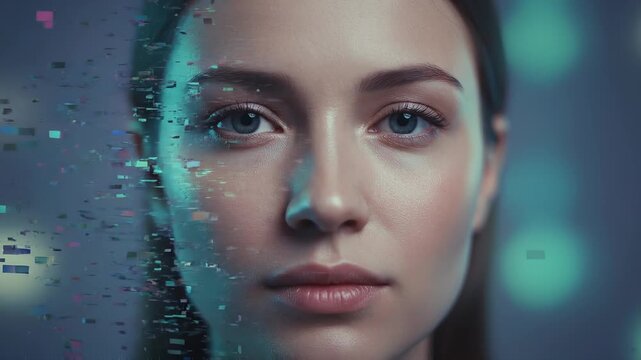 Woman Face Dissolving Into Digital Particles Effect