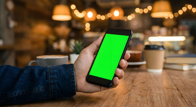 Close up of hand holding smartphone with green screen chroma key in cozy coffee shop interior on wooden table with blurred bokeh lights for mobile app promotion and digital lifestyle