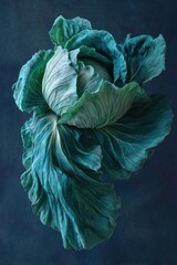 Fototapeta premium Cabbage Leaf Unfolding Like Luxury Fabric: Teal Green Botanical Textile Inspired By Cabbage Core And Organic Design For Editorial And Stock Use
