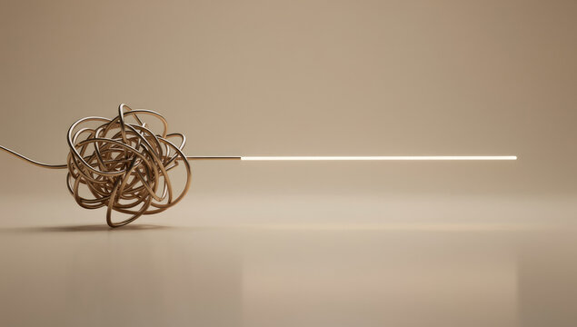 Abstract Minimalist Concept of Chaos Turning into Order and Finding Solution, Tangled Mess Unraveling into Straight Glowing Line on Neutral Beige Background
