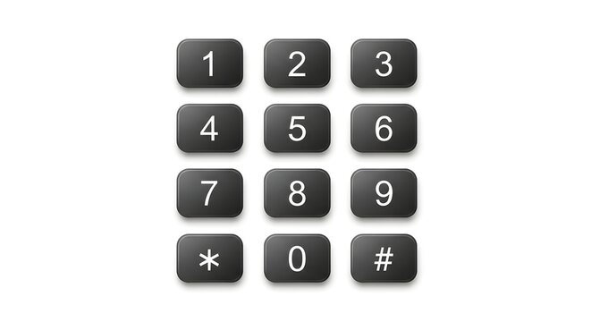 Realistic isolated digital keypad featuring twelve dark rounded rectangular buttons numbered zero through nine, asterisk, and pound symbols.