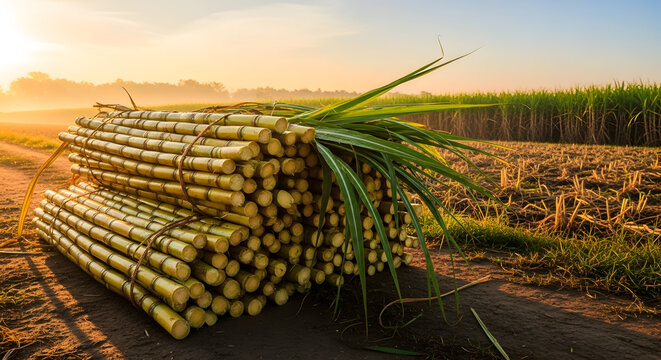 Bundled sugarcane stalks in a rural field at sunset