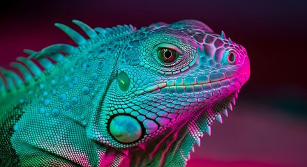 Fototapeta premium Vibrant green and pink iguana with intricate scales and sharp spines showcasing its unique reptile features in a closeup view with dramatic lighting highlighting its textured skin.