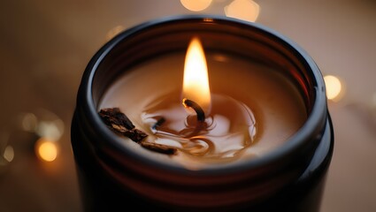 A warmly lit candle emitting a soft, comforting glow inside a cozy container.