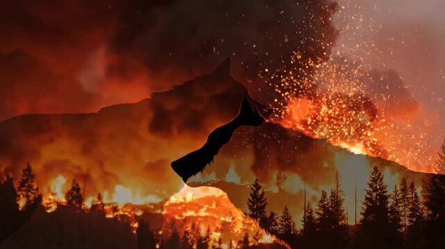 Wolf silhouette watches catastrophic forest fire at night