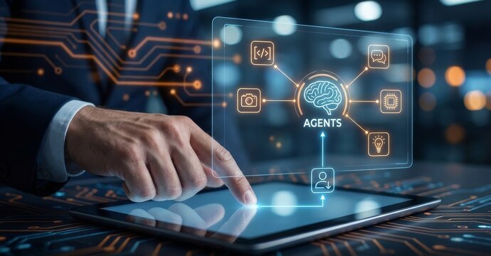 Developer Managing Autonomous AI Agents Network with Holographic Interface Represents Multi-Agent System, Workflow Automation, and Future Technology