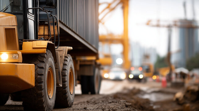 Close up of heavy truck carrying shipping container driving through muddy construction zone with industrial equipment visible in background construction logistics material