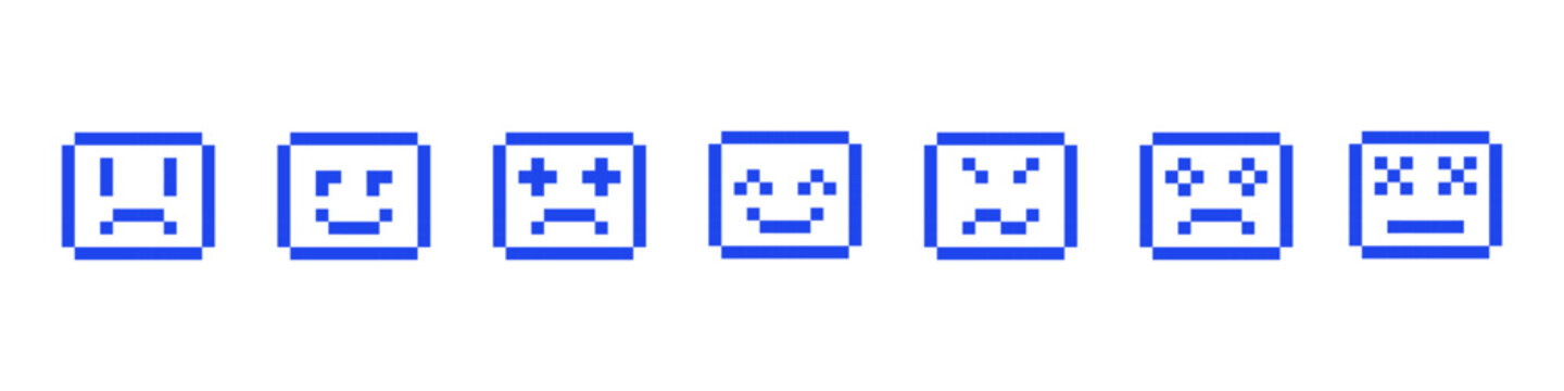 Emoticons line. Abstract Y2k inspired pixel faces with different emotions. Various simple characters in pixel art style. Set of vector emoticon. Smile, laugh, sad face emoji on white background