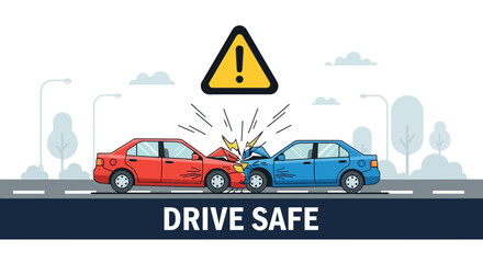 Car accident illustration collision of red and blue vehicles with warning sign