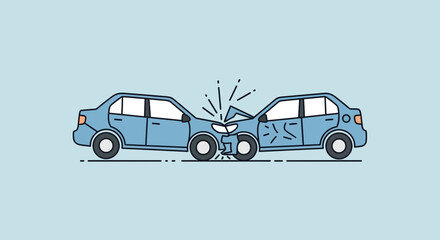 Car accident illustration collision of two vehicles on light blue background