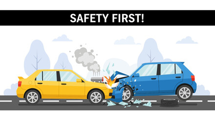 Car accident illustration collision on road with safety first message