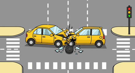 Car accident illustration collision on urban roadway with traffic light