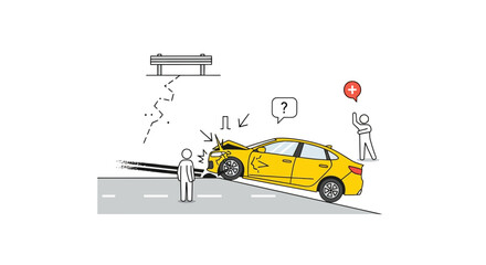 Car accident illustration damaged vehicle on road with people and question marks