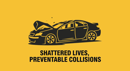 Car accident illustration on yellow background representing safety and damage