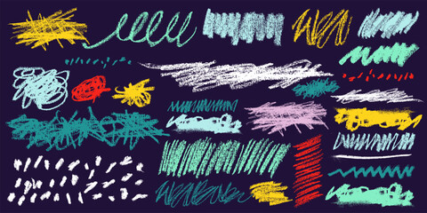 Set of colored charcoal strikethrough lines and doodle underlines. Hand drawn marker stripes, rough brush strokes and pencil sketch lines. Colorful scribble abstract hand drawn elements collection. © Anatoliy