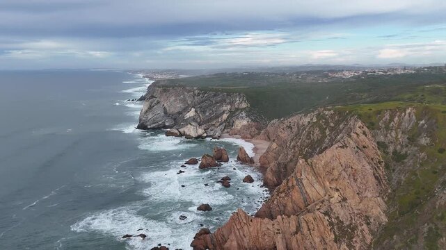 Aerial Flight over Praia da Ursa and Wild Atlantic Coast, Portugal