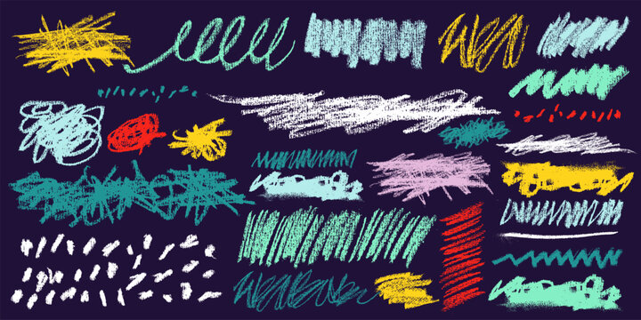 Set of colored charcoal strikethrough lines and doodle underlines. Hand drawn marker stripes, rough brush strokes and pencil sketch lines. Colorful scribble abstract hand drawn elements collection.