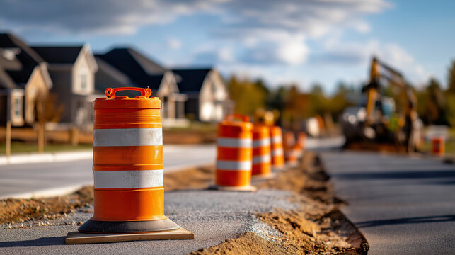 Construction zone with orange traffic barrels systematically lining freshly paved road in suburban residential setting new road construction traffic control safety barriers nei