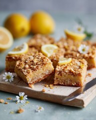 Lemon zest flapjack squares arranged on a rustic wooden board with fresh lemons and daisies in the background, showcasing a delightful dessert presentation