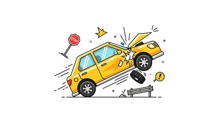 Cartoon accident yellow car crashes with stop sign and debris vector illustration