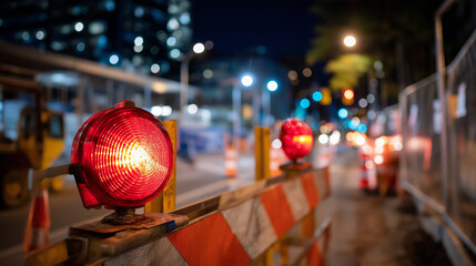 Naklejka premium Red warning lights and street barriers at construction site captured in close up detail safety lighting construction zone markers hazard warnings work area barriers traffic