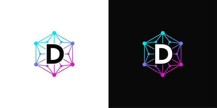 Digital network connection and data transfer concept represented by letter D logo on white and black backgrounds