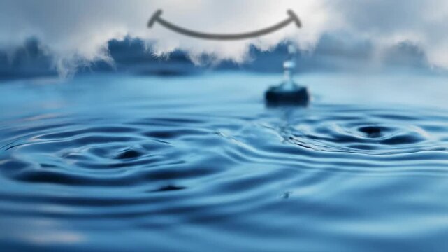 Happy rainy cloud smiling with water drops splashing into blue liquid surface