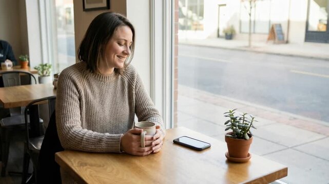 Woman sitting at cafe window table holding mug, smiling and looking outside, reflecting contemplation and enjoying coffee.