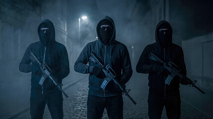Obraz premium Three masked individuals in dark hoodies stand in a foggy alley, holding rifles, creating a tense atmosphere of crime and danger in a nighttime urban setting