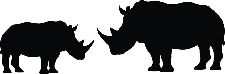 Black silhouettes of two rhinos facing each other rhinoceros white background © Rehena Creative Hub
