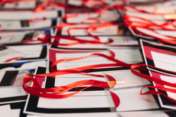 Checking in on conference congress forum event, registration desk table, visitors and attendees...